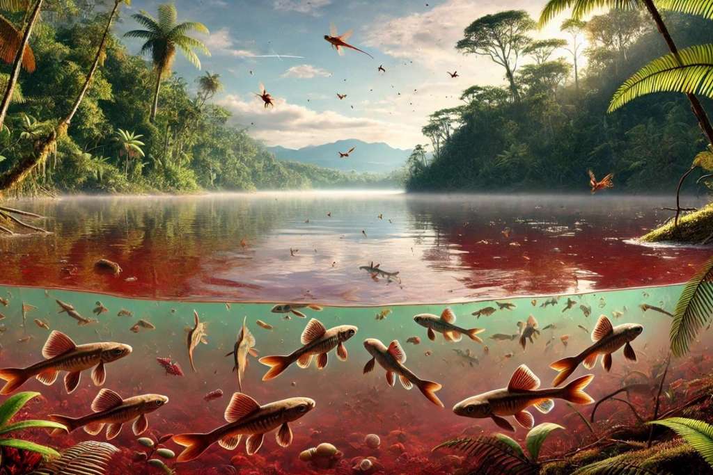 Representación artística de Ferruaspis brocksi, un pez prehistórico del Mioceno australiano, con sus distintivas franjas laterales y el cuerpo fusiforme característico de su especie