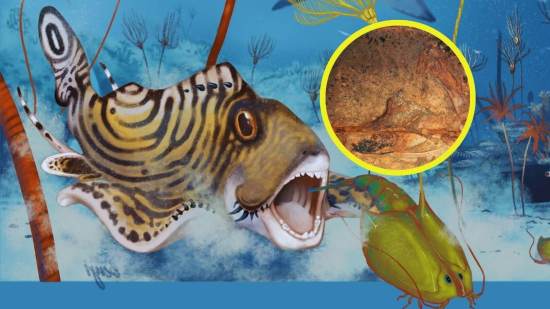 El tiburón prehistórico Clavusodens mcginnisi, conocido como "diente de clavo de McGinnis", representado cazando un crustáceo en un antiguo bosque de crinoides similar a un arrecife durante el período Carbonífero