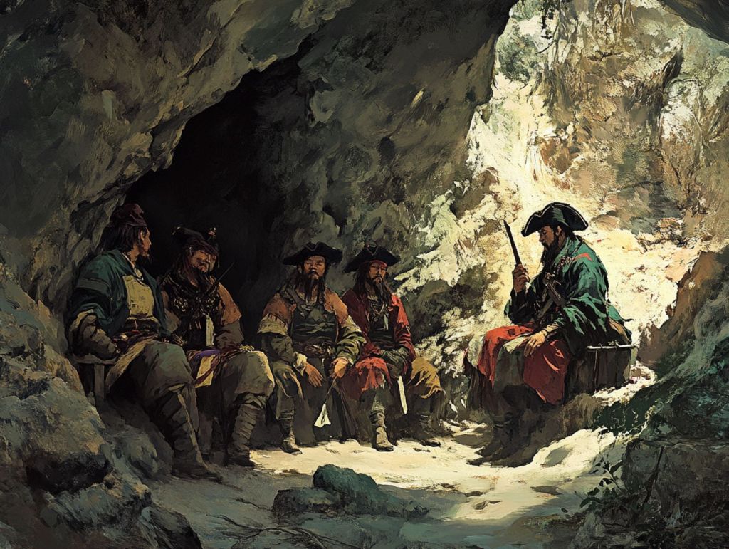 Recreación fantasiosa de piratas en una cueva
