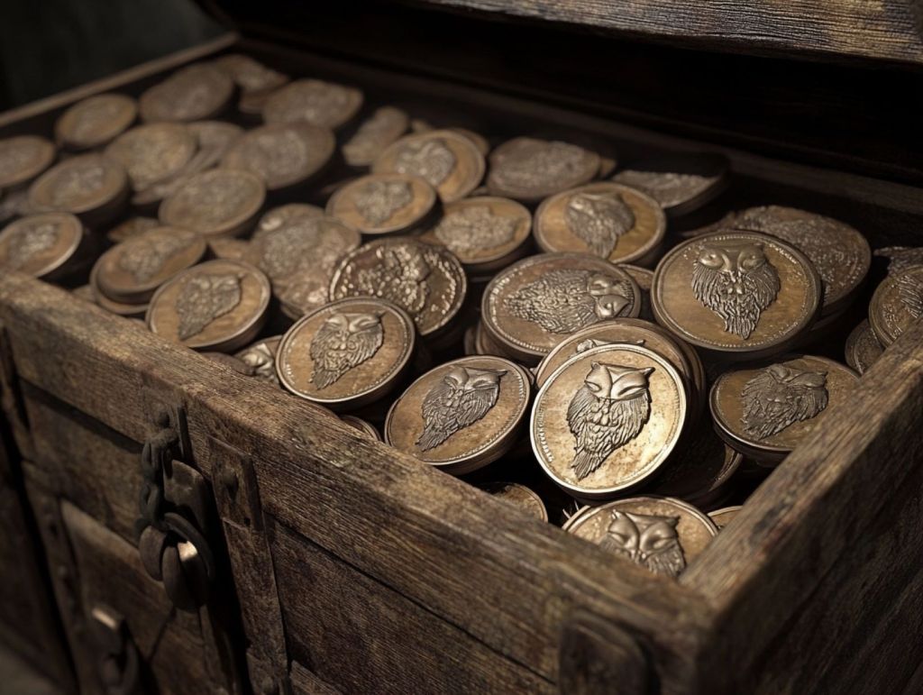 Recreación fantasiosa de las monedas con el búho de Atenea