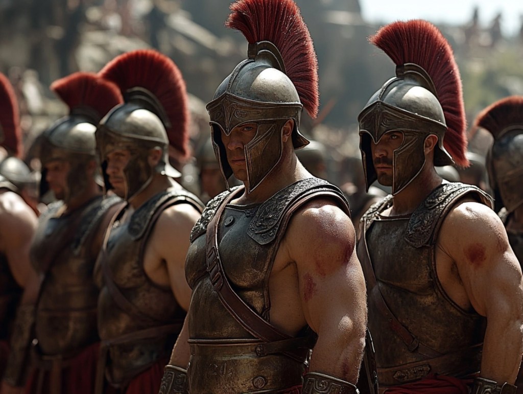 Recreación fantasiosa de guerreros espartanos