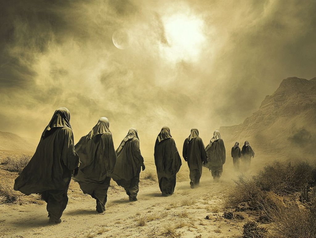 Recreación fantasiosa de mujeres veladas caminando