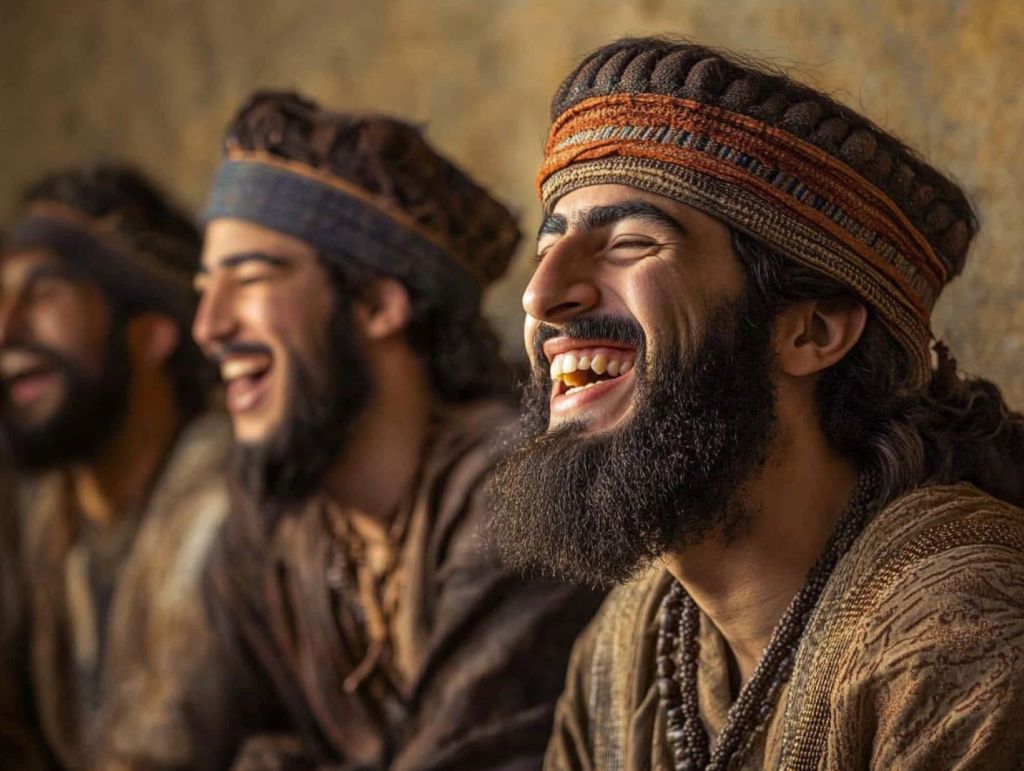 Recreación fantasiosa de hombres riendo en la antigua Mesopotamia