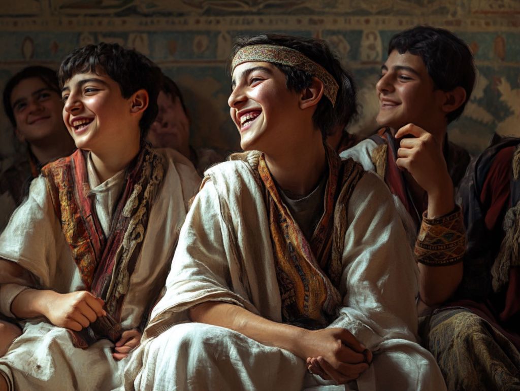 Recreación fantasiosa de estudiantes mesopotámicos riendo en el aula