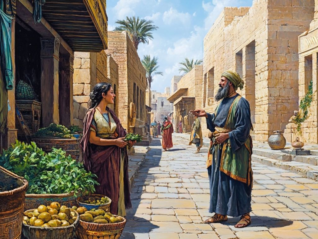 La escena del sacerdote de Gula y la vendedora de frutas en El médico de Isin