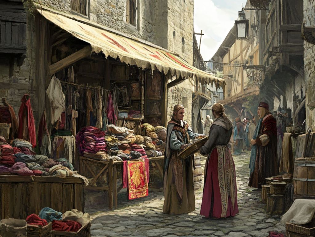 Recreación fantasiosa de comerciante y cliente