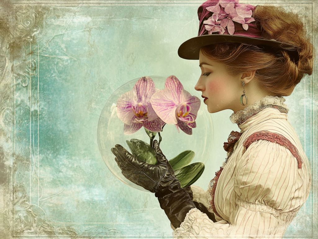 Recreación fantasiosa de una dama victoriana sosteniendo una orquídea