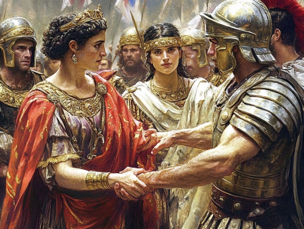 Recreación ficticia de la alianza entre Cartimandua y los romanos