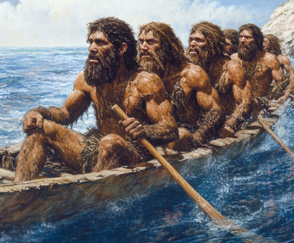 Recreación fantasiosa de homínidos en una barca