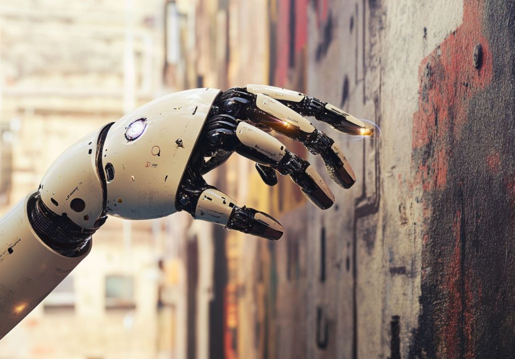 Brazo robótico señalando una pared