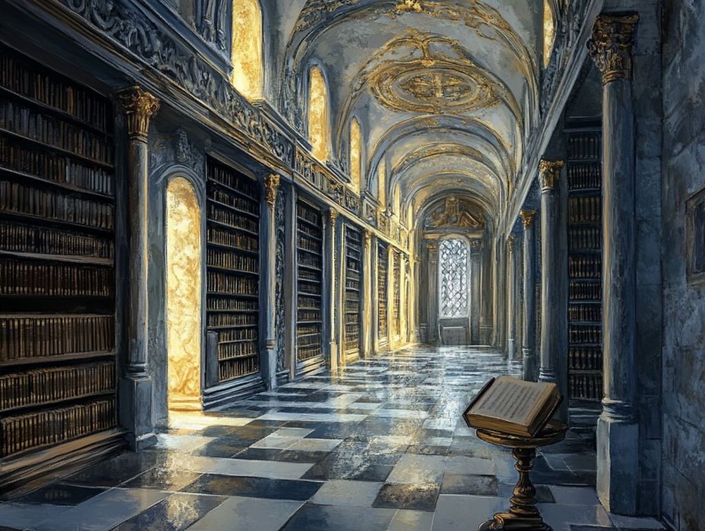 Recreación ficticia de una biblioteca monástica barroca