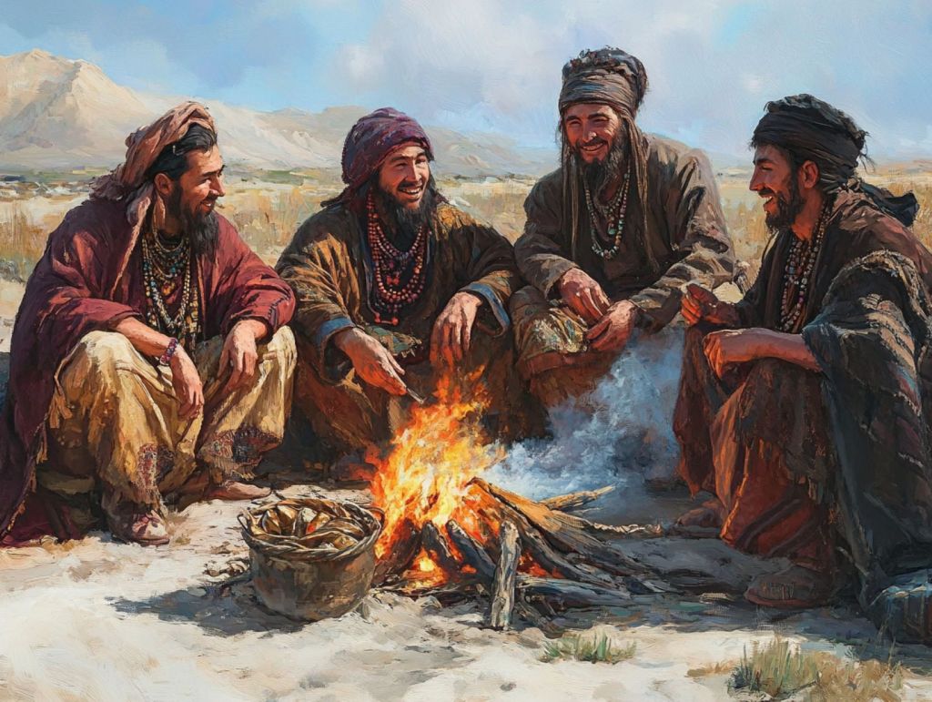 Recreación fantasiosa d eun grupo nómada alrededor del fuego