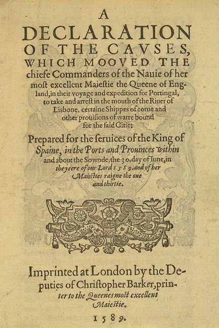 Declaración de las causas que motivaron a los comandantes en jefe de la Navy de la reina de Inglaterra en su viaje de expedición a Portugal