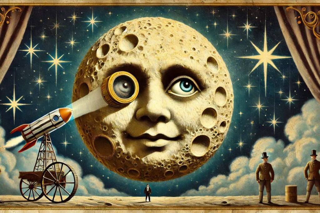 Imagen inspirada en Viaje a la Luna de Georges Méliès, pionero del cine y la fantasía científica.
