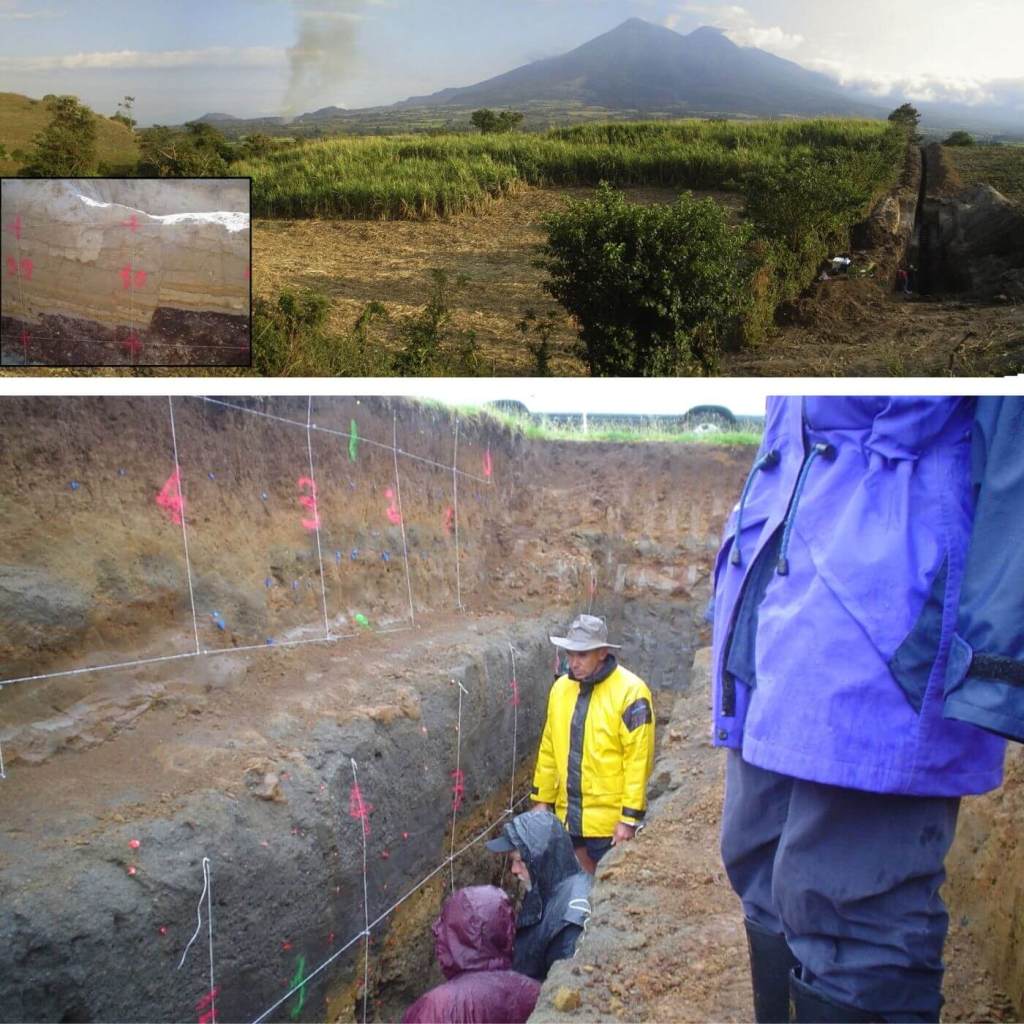 Figura 5:  Arriba: vista general de una excavación paleosísmica realizada en la Zona de Falla de El Salvador, con el volcán San Vicente al fondo. Con estos trabajos podemos cuantificar y datar los grandes terremotos generados por esta la falla en los últimos 10.000 años. A la izquierda se muestra un detalle de la pared de la trinchera con evidencias de fracturas asociadas a un gran terremoto ocurrido posteriormente al depósito de las capas blancas que se corresponden a la mega-erupción del volcán Ilopango (año 431 d.C). Por tanto, podemos decir que este gran terremoto ocurrió hace menos de 1500 años. (Canora et al. 2012). Abajo una foto de una trinchera excavada en una falla normal de la zona volcánica activa del norte de Nueva Zelanda. El estudio de estas excavaciones implica semanas de trabajo, limpieza, muestreo de materiales y, lo más importante, la correcta interpretación de las complejas estructuras de deformación que los terremotos generan en los sedimentos.