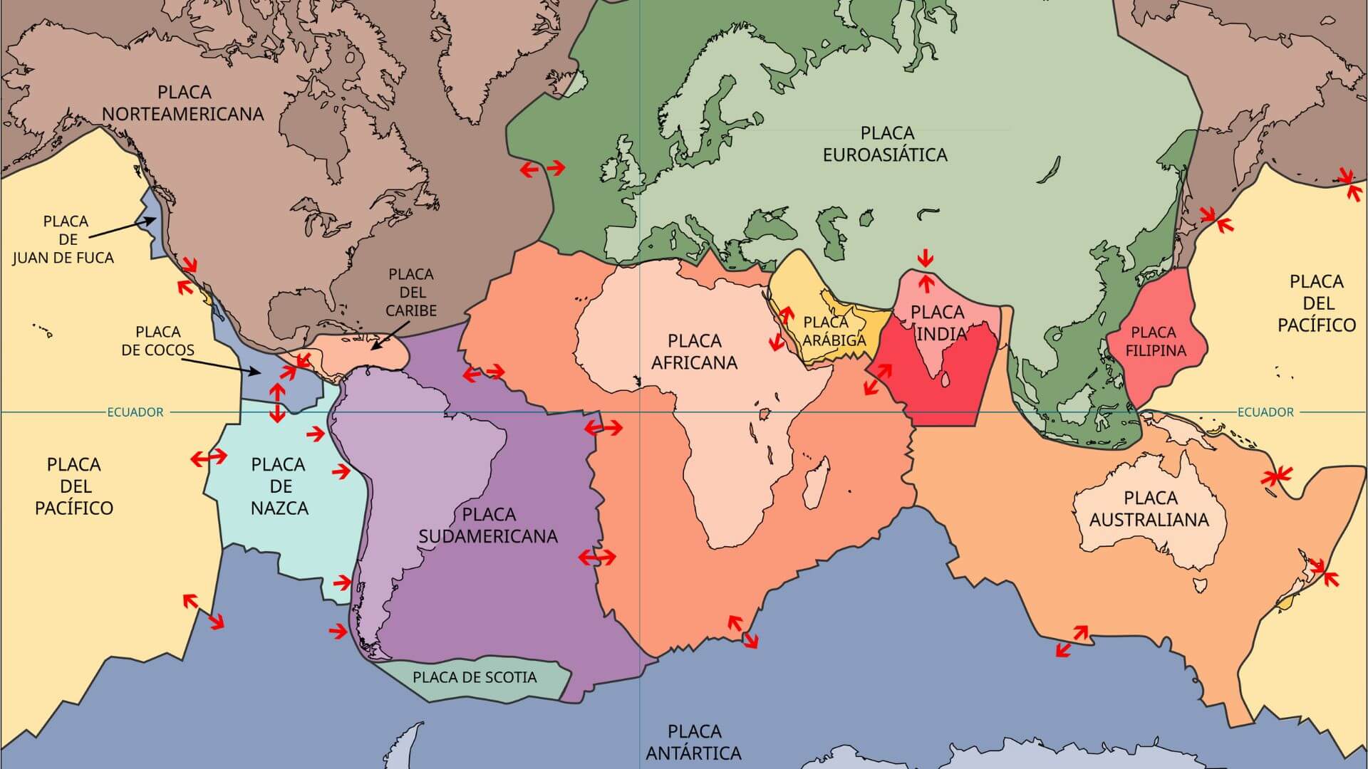 Mapa de la ubicación y movimiento de las placas tectónicas en la corteza terrestre.