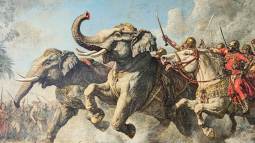 Elefantes y caballos librando una batalla