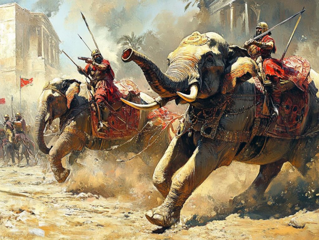 Recreación ficticia de un ejército de elefantes en la antigüedad