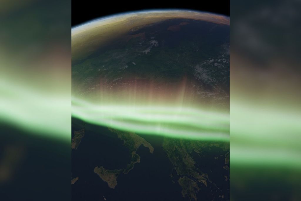 Recreación artística de cómo podrían haberse visto las auroras durante una inversión de los polos magnéticos ocurrida hace unos 41.000 años