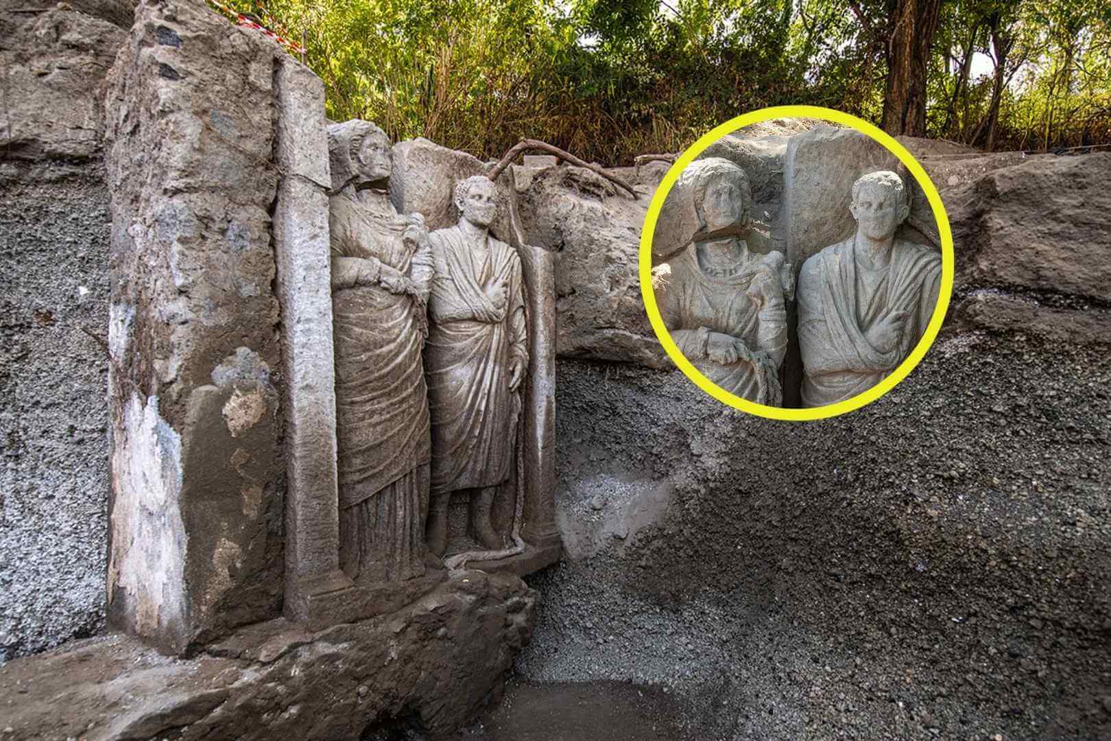 Las esculturas decoran la pared de una tumba descubierta en una antigua necrópolis situada junto a una de las puertas de acceso a Pompeya