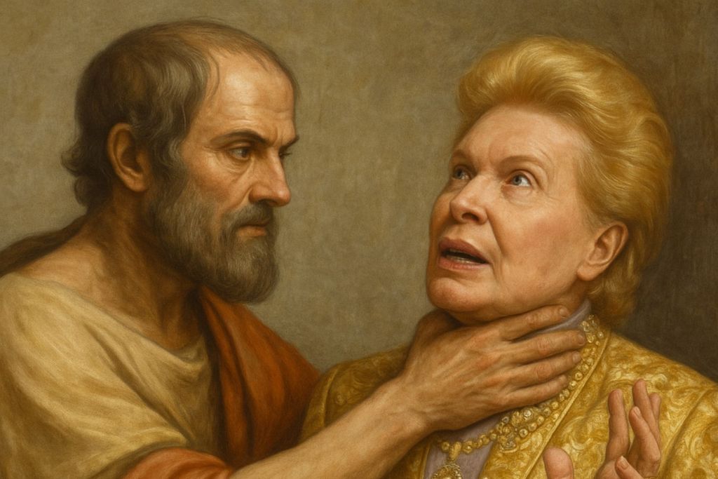 Walter Mercado, con su inconfundible aire místico y vestimenta dorada, es "reprendido" simbólicamente por Aristóteles, quien, con gesto severo, parece exigirle rigor filosófico en una escena tan imaginativa como provocadora sobre el choque entre esoterismo y pensamiento clásico