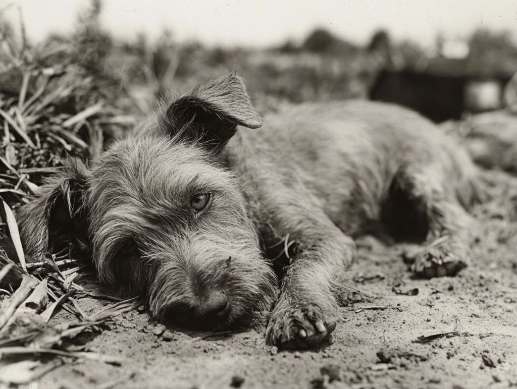 Recreación ficticia de un terrier en un campo de batalla