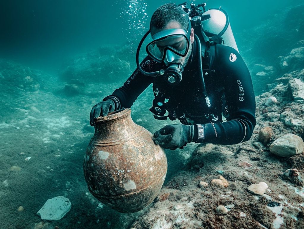 Buzo con un ánfora antigua en las manos