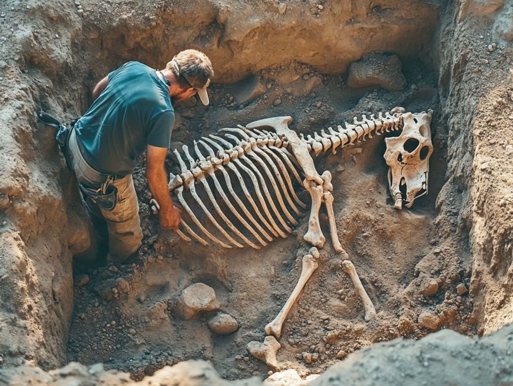Arqueólogo excavando la tumba de un caballo