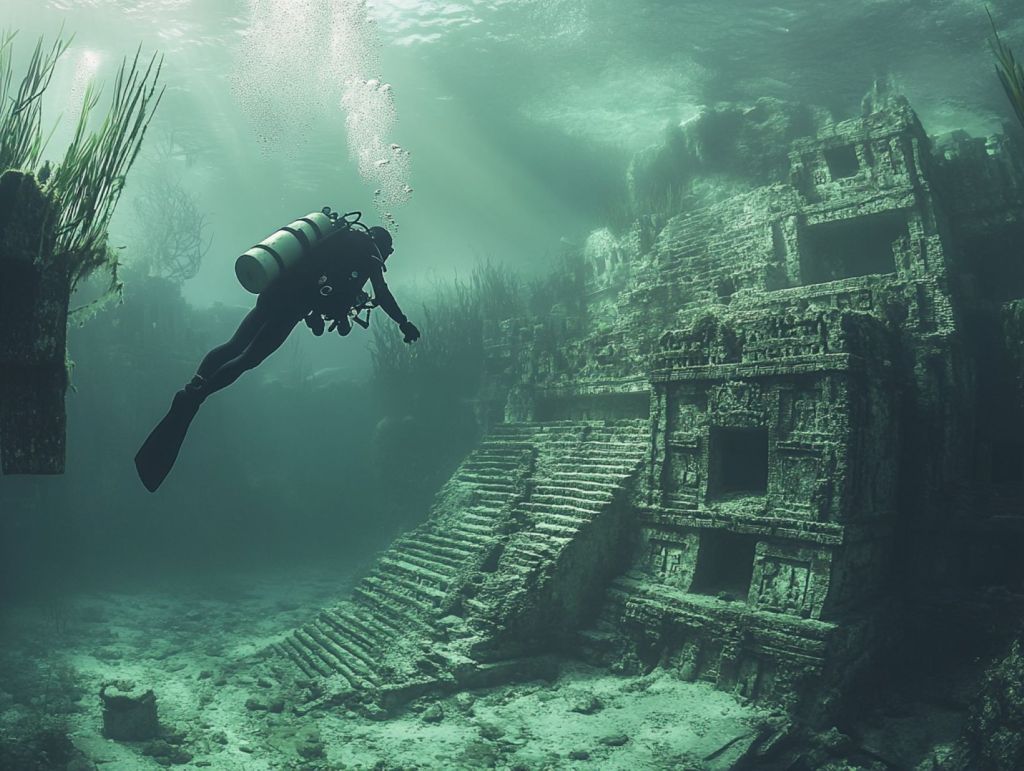 Recreación fantasiosa de un buzo explorando las ruinas sumergidas de una civilización