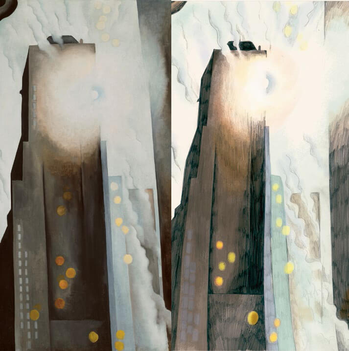 El Hotel Shelton con manchas de sol, óleo de Georgia O'Keeffe y recreación de la obra en el cómic de María Herreros