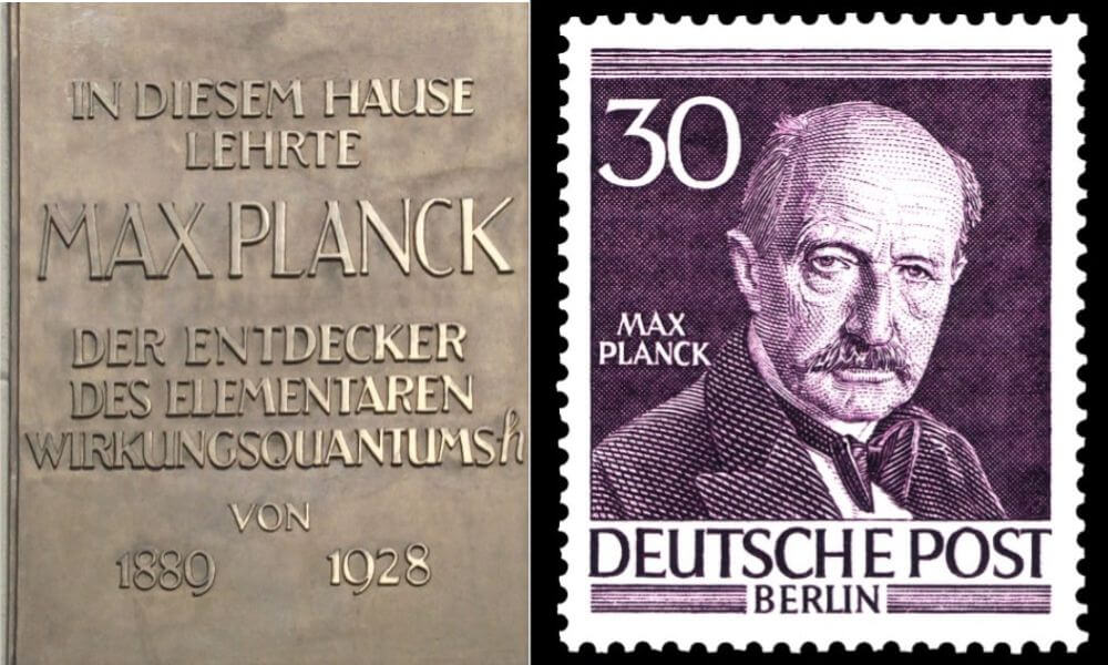 Fig. 7. (a) Placa en la Universidad Humboldt de Berlín que reza: «En este edificio enseñó MAX PLANCK, el descubridor del cuanto de acción h, desde 1889 hasta 1928». (b) Planck en un sello de correos alemán de 1952. Eureka