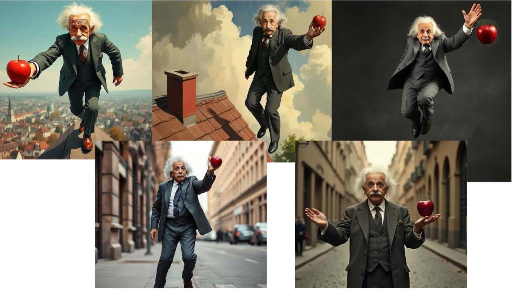 Fig. 9. La idea más genial de Albert Einstein. Si, mientras cayera del tejado, estuviese sosteniendo un objeto sobre la palma de la mano (una moneda, una manzana) y lo liberase dando vuelta a la mano, ¡el objeto no caería a sus pies! La manzana seguiría siempre junto a su mano. Imágenes creadas por el autor con ayuda de programas de IA. Eureka