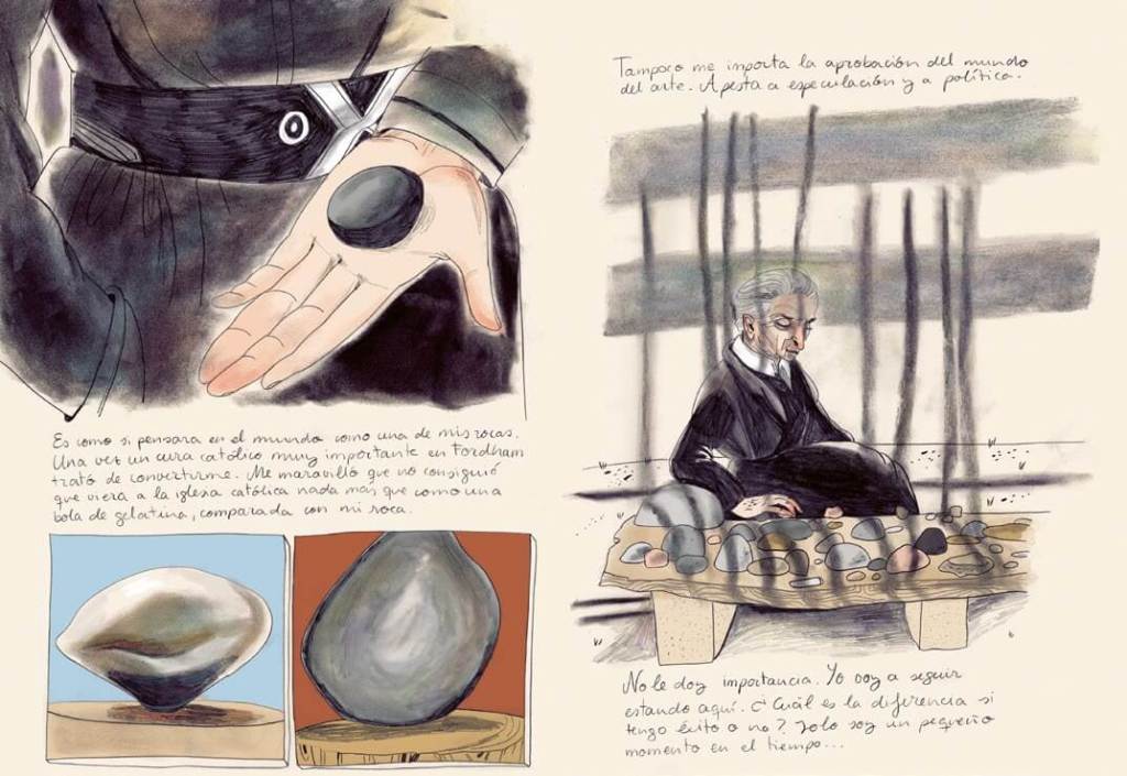 Página del cómic Georgia O´Keeffe en la que se recrea los objetos que recogía la artista en sus paseos