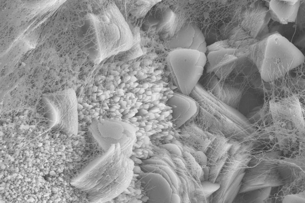 Una imagen tomada con microscopio electrónico muestra delicadas biopelículas microbianas cubriendo y penetrando las chimeneas de la Ciudad Perdida