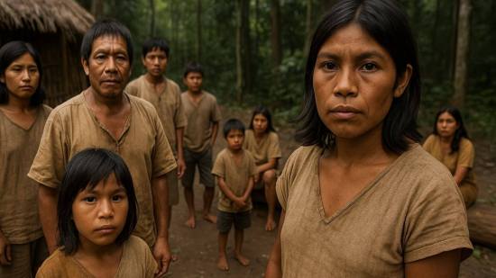 Representación fantasiosa de una escena cotidiana entre los Aché del norte, con varios miembros de la comunidad mirando a cámara en su entorno, evocando la intimidad y resiliencia de un pueblo marcado por la pérdida cultural