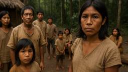 Representación fantasiosa de una escena cotidiana entre los Aché del norte, con varios miembros de la comunidad mirando a cámara en su entorno, evocando la intimidad y resiliencia de un pueblo marcado por la pérdida cultural