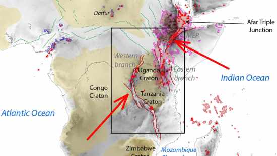 Mapa del Rift de África Oriental con flechas rojas que señalan la fractura continental y la posible formación de un nuevo océano.