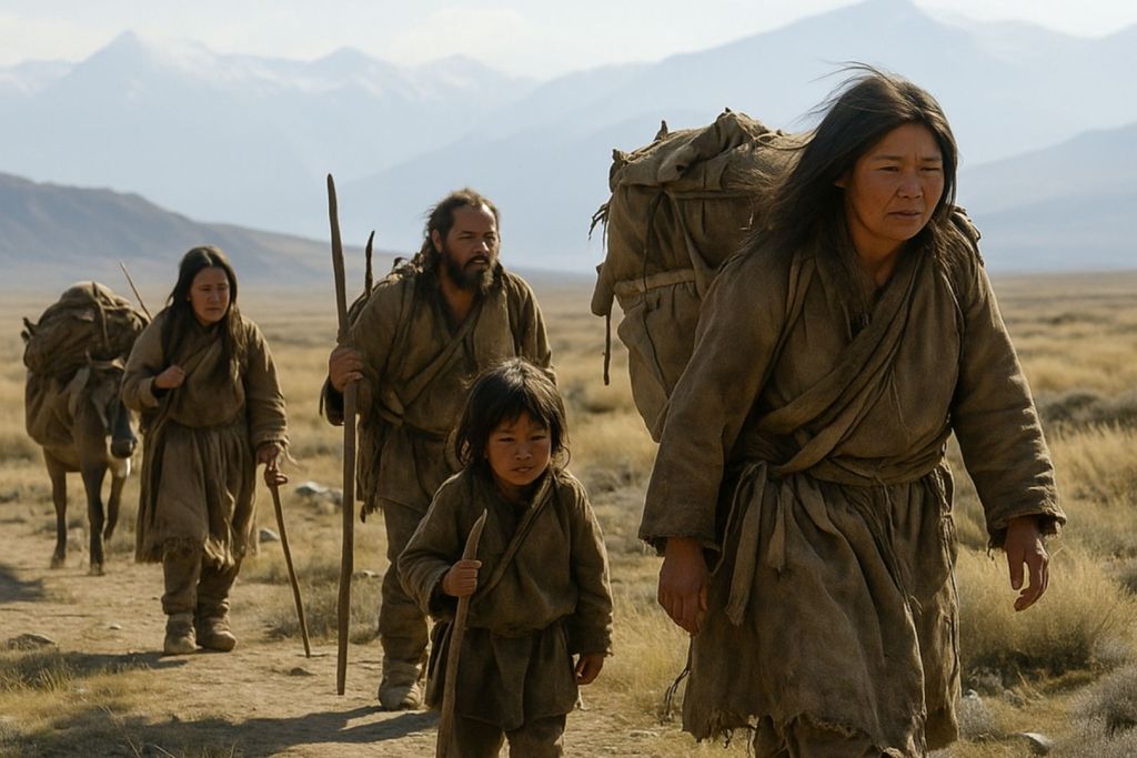 Recreación fantasiosa de la gran migración humana que cruzó desde Siberia hacia América hace más de 14.000 años