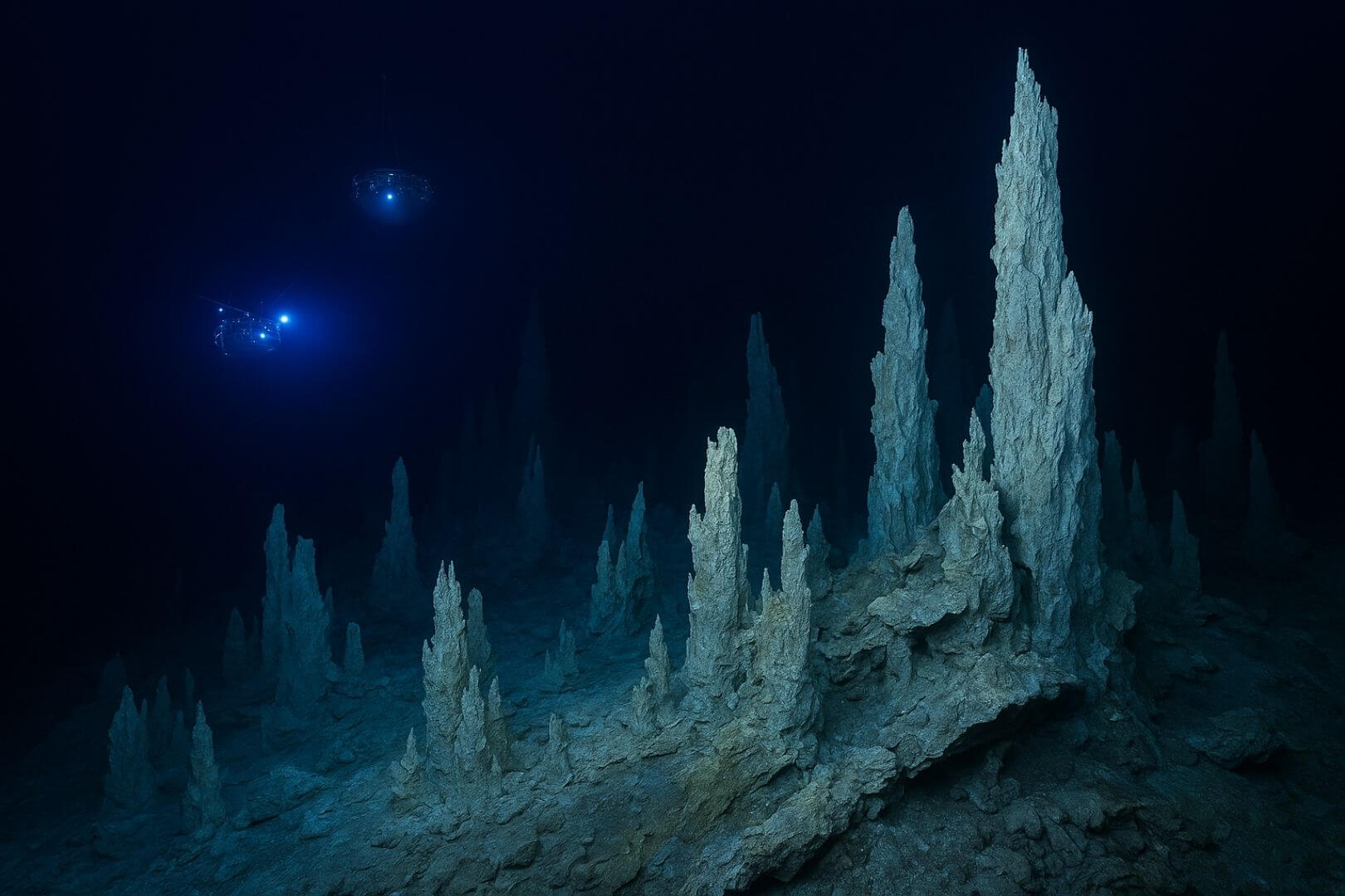 Representación fantasiosa inspirada en imágenes reales de la Ciudad Perdida: un paisaje submarino de torres minerales donde la vida prospera sin luz solar, a miles de metros de profundidad