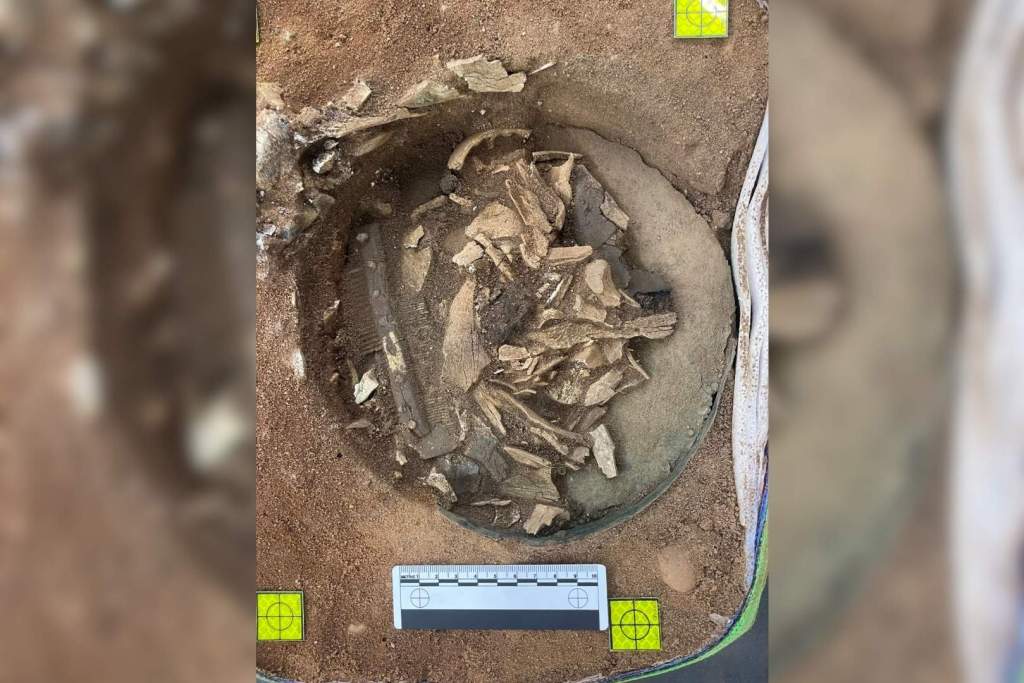 En la base del cubo aparecieron restos óseos cremados de humanos y animales, junto a un peine de doble cara