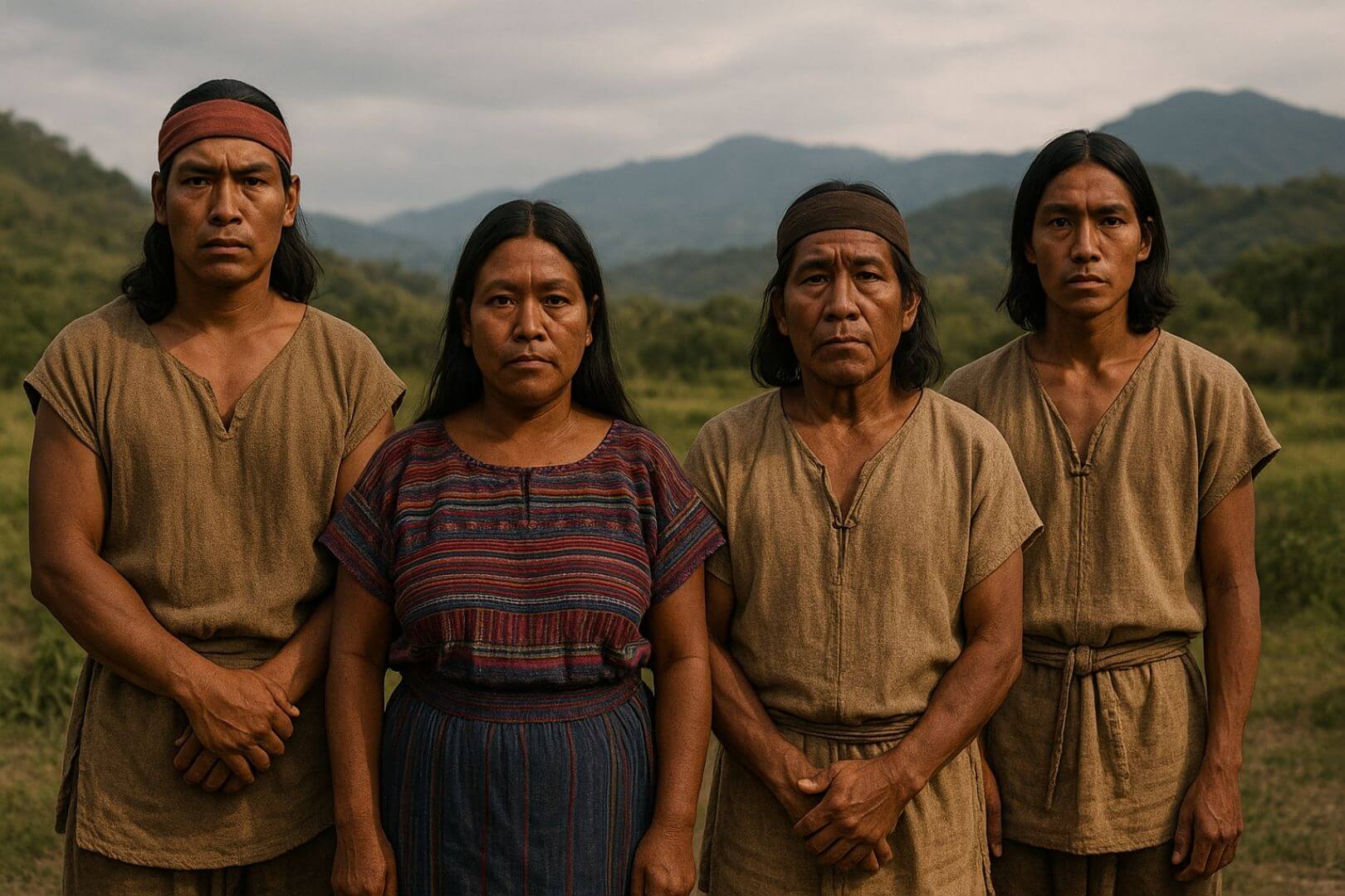 Representación fantasiosa donde descendientes mayas de Copán posan frente a las montañas que aún guardan la memoria de su civilización