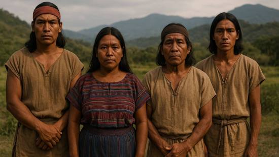 Representación fantasiosa donde descendientes mayas de Copán posan frente a las montañas que aún guardan la memoria de su civilización