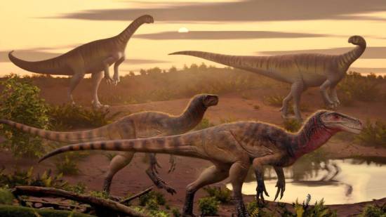 Reconstrucción en vida de Maleriraptor kuttyi junto al sauropodomorfo unaysáurido Jaklapallisaurus asymmetricus, ambos originarios de la Formación Maleri Superior (Noriano inferior) en el centro-sur de la India