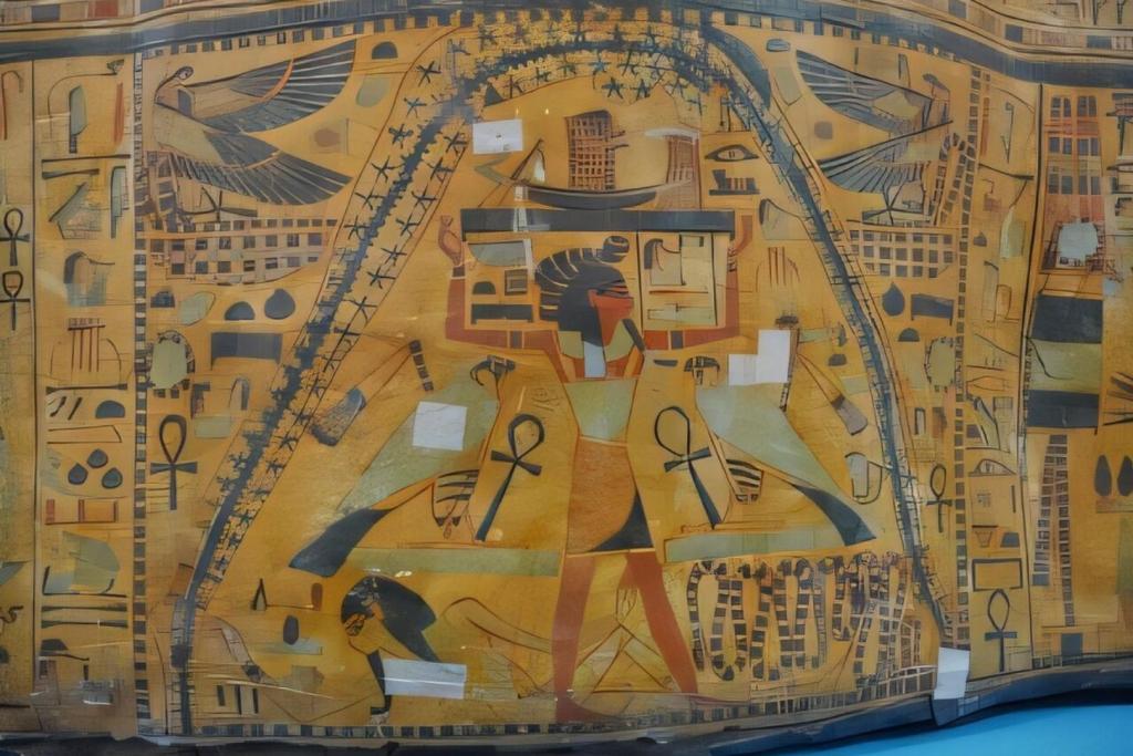 Una línea negra ondulante atraviesa el cuerpo estrellado de Nut en un sarcófago egipcio, evocando la Gran Grieta de la Vía Láctea