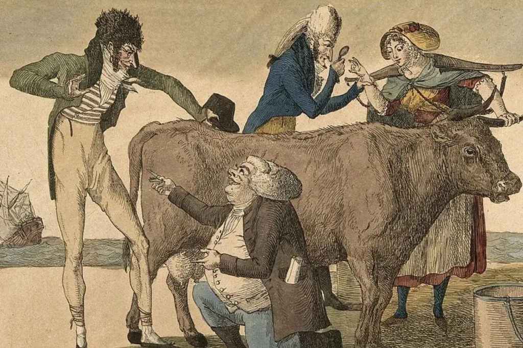 Caricatura satírica del siglo XIX que refleja el origen de la vacunación con viruela bovina