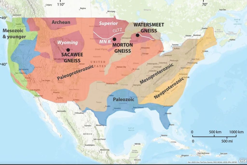 Las edades de las rocas más antiguas del subsuelo estadounidense, donde el color rojo marca las más antiguas. Curiosamente, el mapa se detiene justo en las fronteras del país