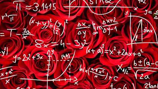 Fórmulas matemáticas sobre pétalos de rosas rojas ilustran la geometría del crecimiento floral.