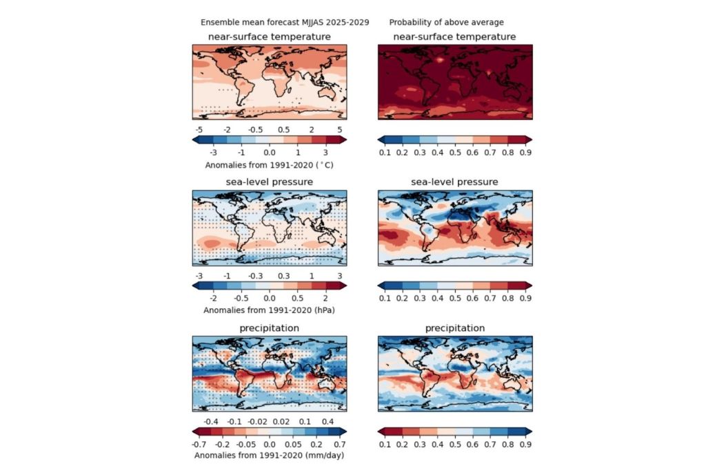 Proyecciones de variaciones climáticas entre mayo y septiembre de 2025 a 2029 respecto al promedio registrado entre 1991 y 2020