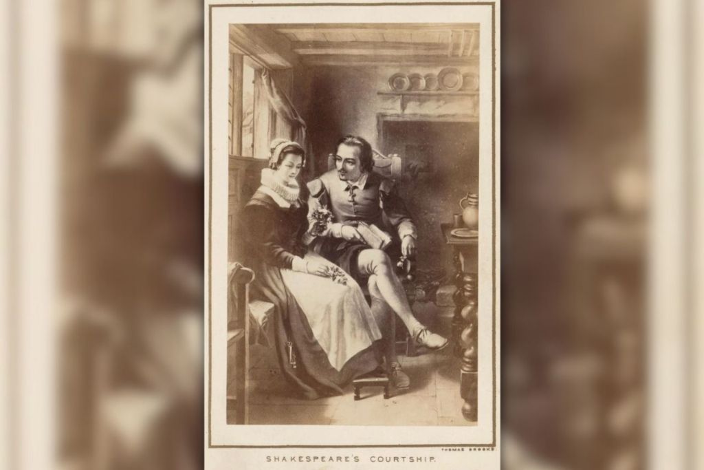 Representación del siglo XIX donde se ve a Shakespeare acompañado de su esposa, Anne Hathaway