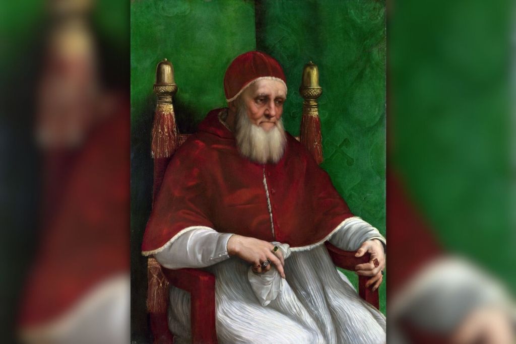 Retrato histórico del papa Julio II en sus primeros momentos como pontífice, sentado en su trono con gesto firme y solemne, rodeado por cardenales; símbolo del poder papal y su papel decisivo en la política y el arte del Renacimiento